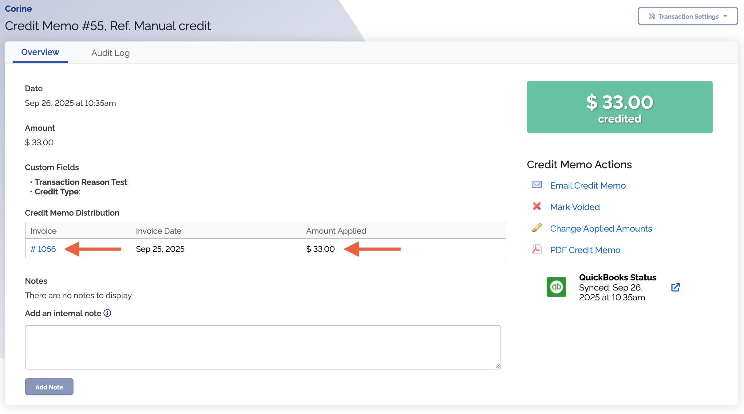Credit memo distribution in ChargeOver