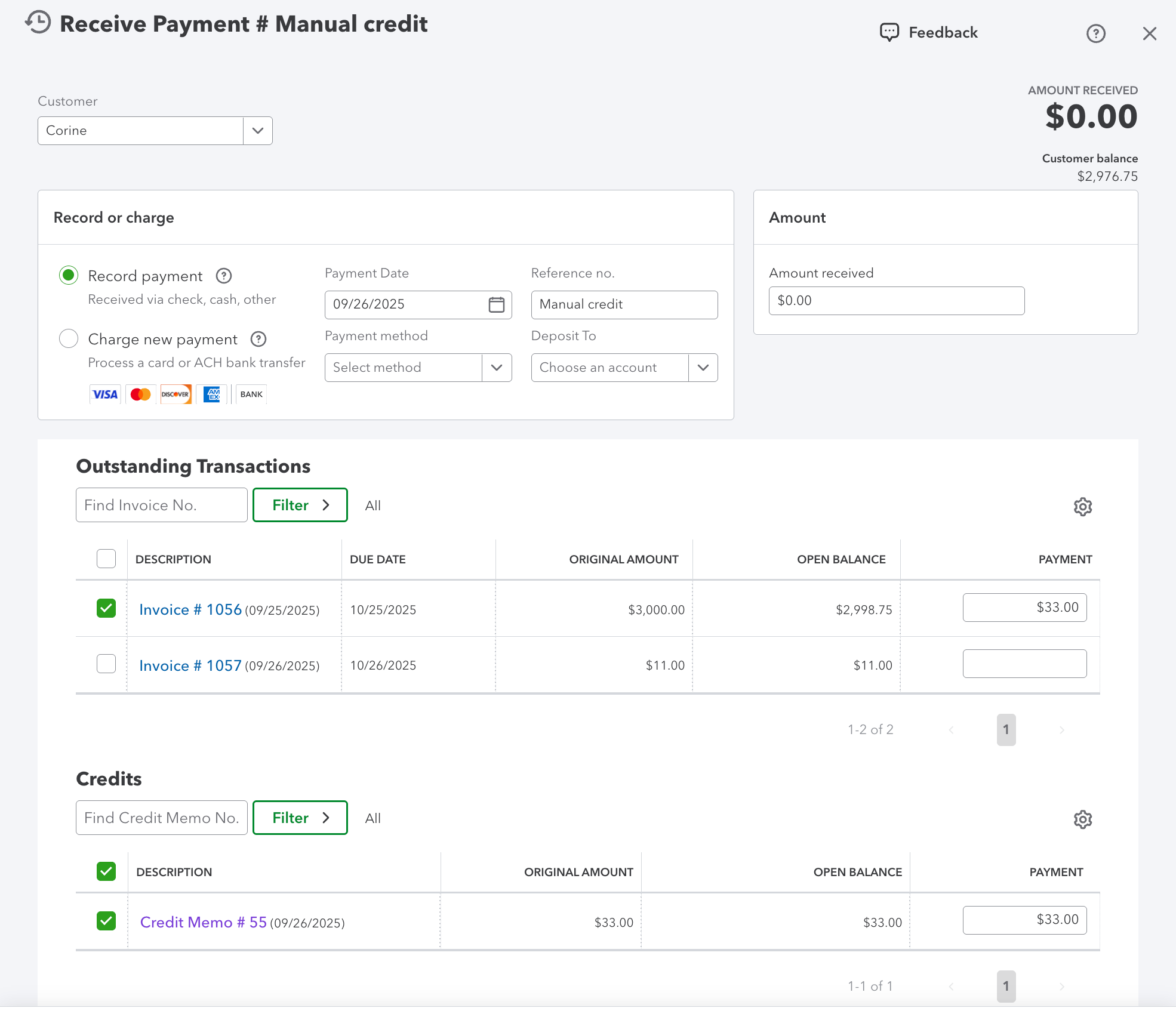 The credit memo payment opened