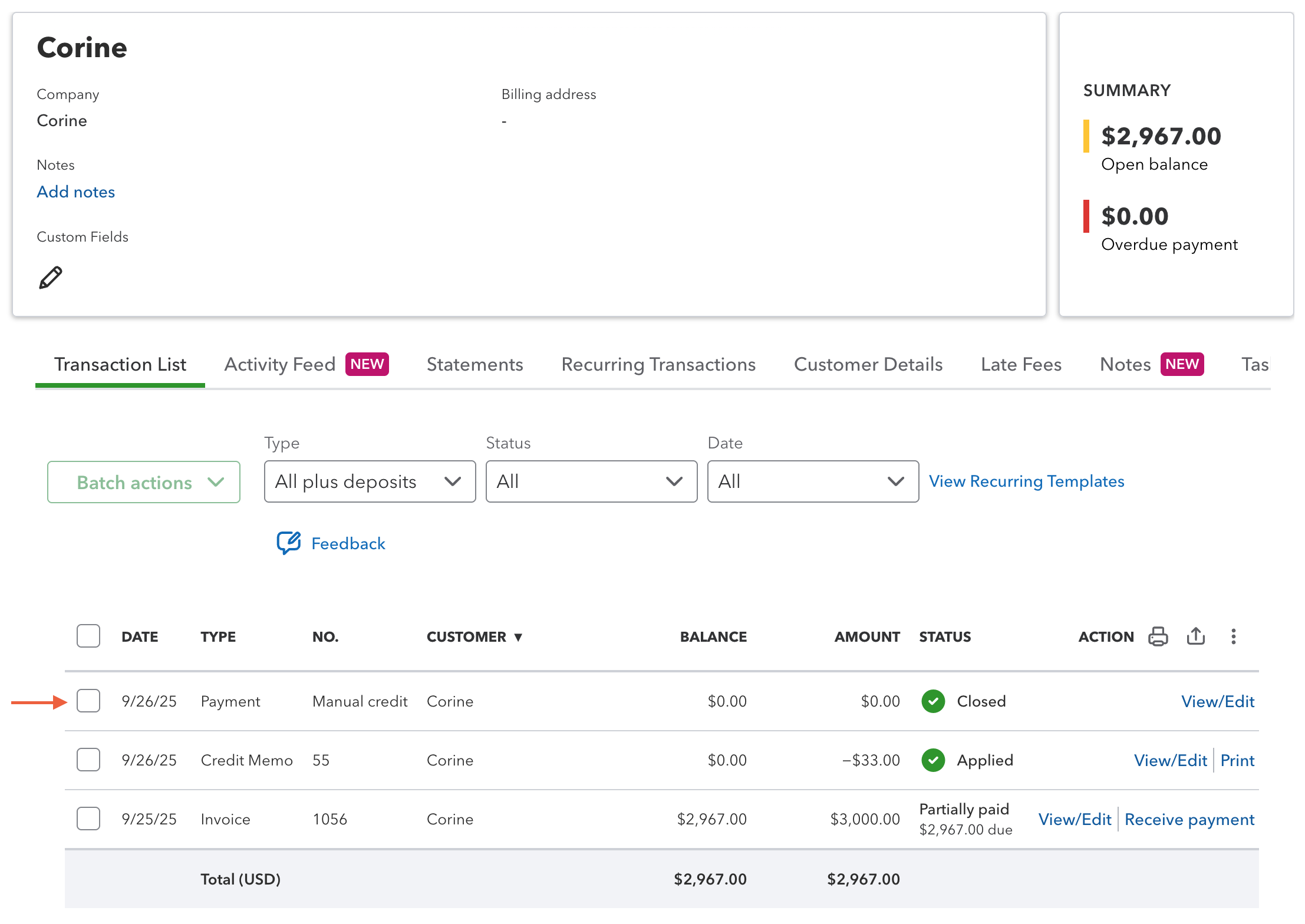 Credit memo payment in customer transaction table