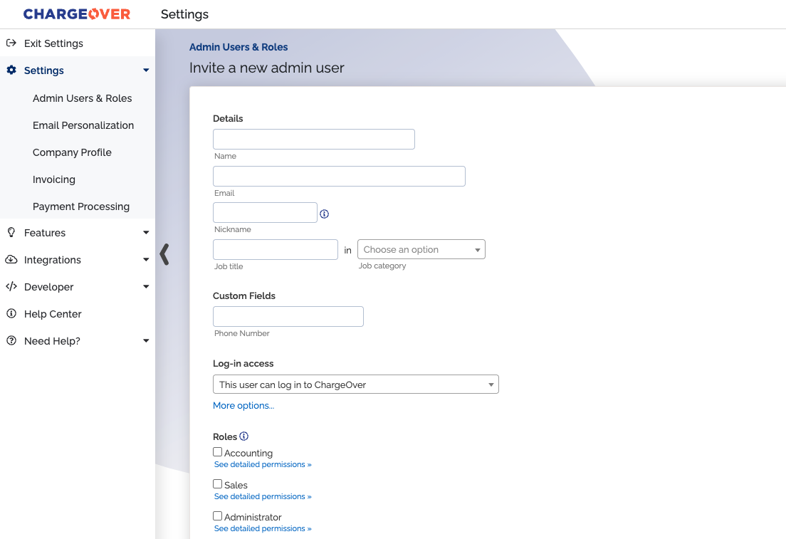 Invite new admin user form