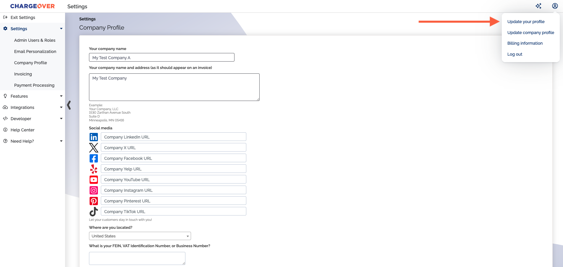 Where to find page to update your profile